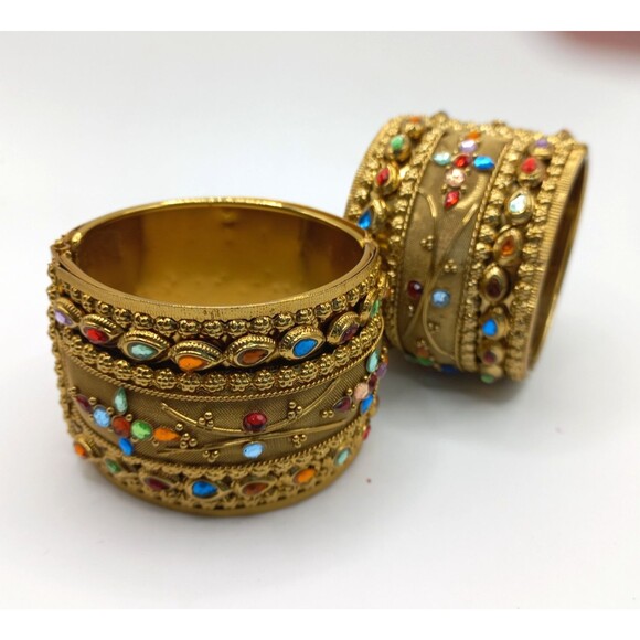 Vintage Mesh Hinged Wide, Gold Tone, Rhinestone Bangle Bracelet Pair - Picture 4 of 9